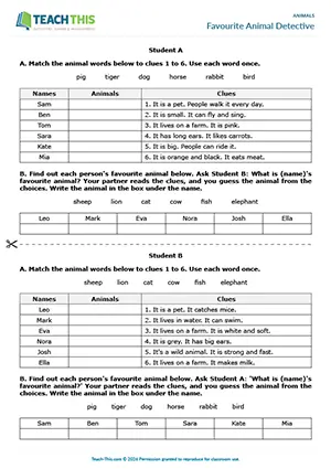 ESL animal vocabulary game preview, beginner A1, matching, asking and answering questions, guessing, controlled practice, pair work