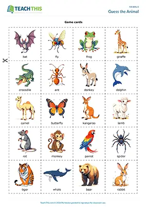 ESL animals game preview, elementary A1-A2, guessing, yes/no questions, group work