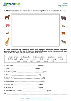 ESL Animals Worksheet preview for Pre-intermediate (A2): drawing and sentence completion about animal everyday actions