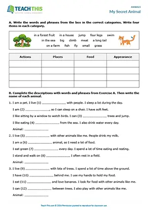 My Secret Animal preview, pre-intermediate A2, vocabulary and writing: categorising, gap-fill, sentence completion, describing,speaking: guessing