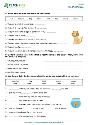 ESL animals worksheet preview, elementary A1-A2, matching, identifying, gap-fill, ranking, comparing, answering questions