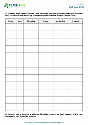 ESL birthdays activity preview, elementary A1-A2, role-play, asking and answering questions, table completion, brainstorming