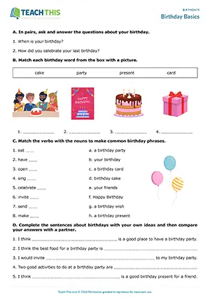 ESL birthdays worksheet preview, elementary A1-A2, matching, gap-fill, identifying, asking and answering questions