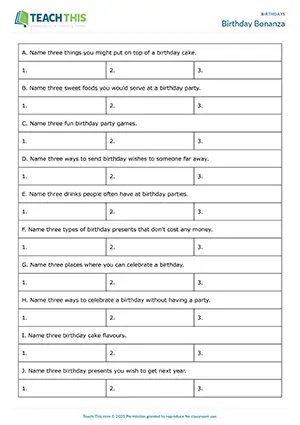 ESL birthdays game preview, pre-intermediate A2, listing, forming sentences, naming things, pair work