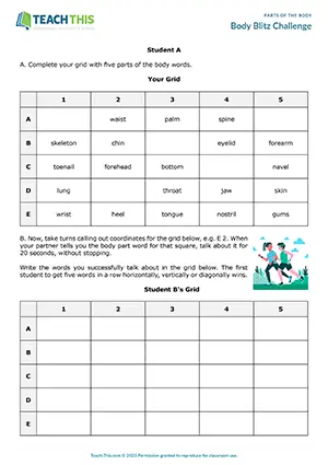 ESL Parts of the Body Game, upper-intermediate B2, impromptu speech, grid, pair work