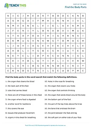 ESL Parts of the Body Word Search, upper-intermediate B2, matching, definitions