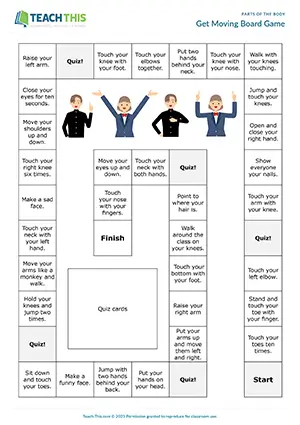 ESL Parts of the Body Board Game, pre-intermediate A2, miming, quiz questions, group work