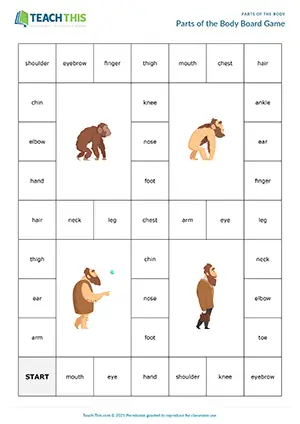 ESL Parts of the Body Board Game, elementary A1-A2, matching, labelling