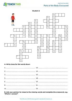 ESL Body Parts Crossword, intermediate B1, writing clues, guessing, pair work