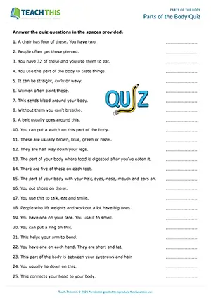 ESL Parts of the Body Quiz, intermediate B1, quiz questions, pair work