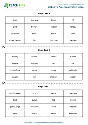 ESL british-english-vs-american-english vocabulary game preview, intermediate B1, bingo, matching, group work