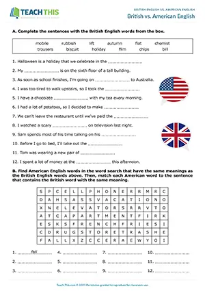 ESL British vs. American English worksheet preview, pre-intermediate A2, gap-fill, word search, matching, binary choice