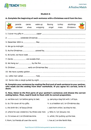 ESL Christmas vocabulary activity preview, upper-intermediate B2, gap-fill, matching, binary choice, sentence completion, pair work