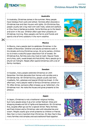 ESL Christmas activity preview, pre-intermediate A2, jigsaw reading, table completion, answering questions, discussion, communicative practice, group work