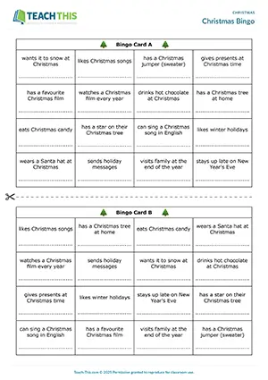 ESL Christmas game preview, elementary A1-A2, bingo, forming, asking and answering questions from prompts, writing sentences