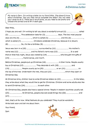 ESL Christmas game preview, pre-intermediate A2, matching, gap-fill, letter writing, pelmanism, snap, group work