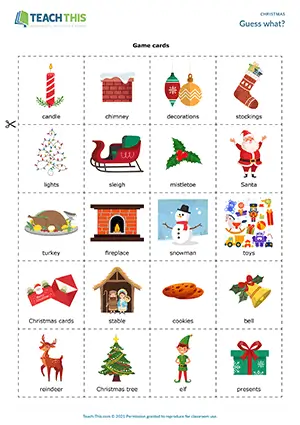 ESL Christmas game preview, pre-intermediate A2, asking and answering questions, guessing, group work