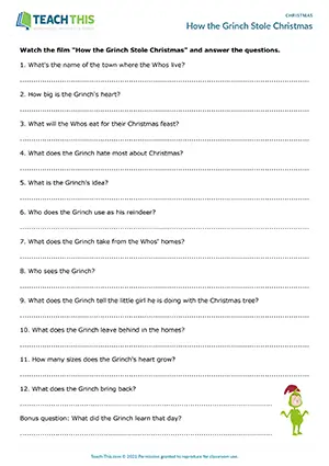 ESL Grinch worksheet preview, pre-intermediate A2, listening, short answer comprehension questions