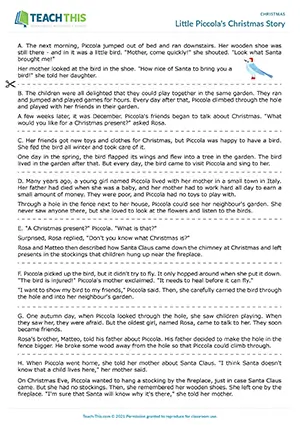 ESL Christmas worksheet preview, intermediate B1, ordering, answering comprehension, story writing