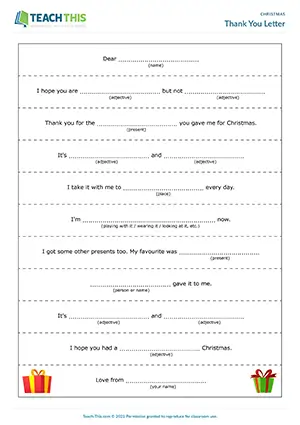 ESL Christmas activity preview, elementary A1-A2, gap-fill, writing thank you letters, group work