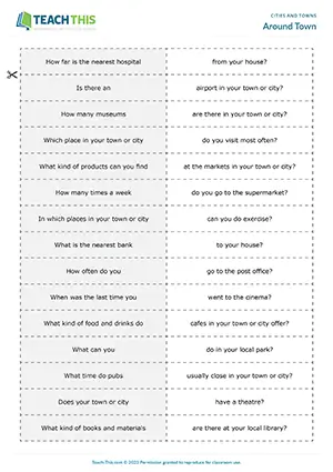 ESL cities and towns activity preview, pre-intermediate A2, matching, asking and answering questions, pair work