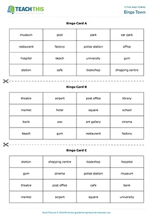 ESL places game preview, elementary A1-A2, bingo, matching, group work