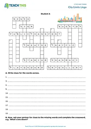 ESL city vocabulary activity preview, intermediate B1, writing clues, describing, guessing, group and pair work