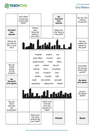 ESL places in a city board game preview, pre-intermediate A2, gap-fill, asking and answering questions, group work