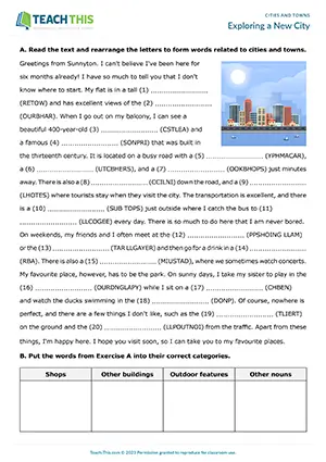 ESL cities and towns worksheet preview, intermediate B1, unscrambling, categorising, gap-fill, writing a paragraph