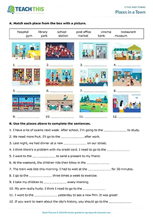 ESL places in a town worksheet preview, elementary A1-A2, matching, gap-fill, sentence completion
