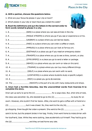 ESL places in a city worksheet preview, pre-intermediate A2, unscrambling, gap-fill, writing a story, pair work