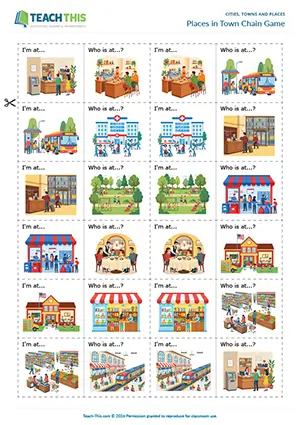 ESL cities, towns and places vocabulary game preview, beginner A1, matching, controlled practice, group work