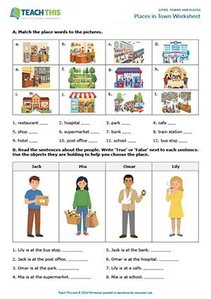 ESL cities, towns and places vocabulary flashcards and worksheet preview, beginner A1, eliciting, drilling, matching, true or false
