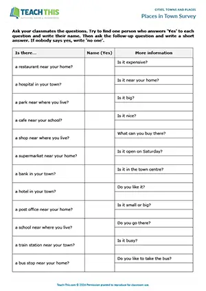 ESL cities, towns and places vocabulary and speaking activity preview, beginner A1, asking and answering questions from prompts, controlled practice