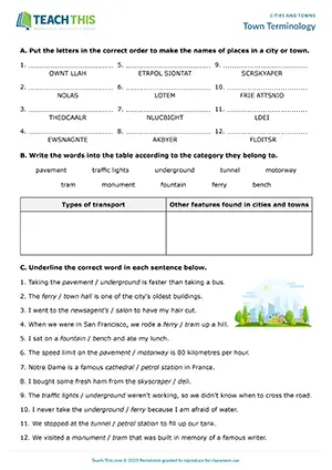 ESL cities and towns worksheet preview, upper-intermediate B2, unscrambling, categorising, binary choice, gap-fill, matching