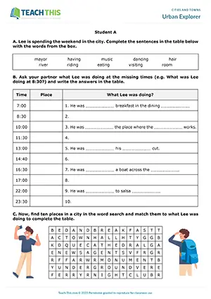 ESL places in a city speaking activity preview, upper-intermediate B2, gap-fill, asking and answering questions, word search, table completion