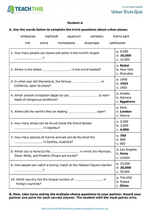 ESL urban places activity preview, upper-intermediate B2, gap-fill, multiple-choice quiz, guessing, group and pair work