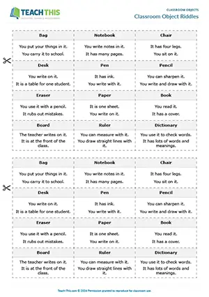ESL classroom objects game preview with describing, guessing and pair work for Beginner A1