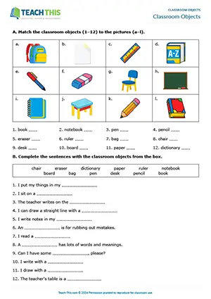 ESL classroom objects worksheet preview with matching, gap-fill, controlled practice for Beginner A1