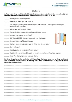 ESL clothes shopping activity preview, intermediate B1, reading, ordering, writing and role-playing a dialogue, pair work