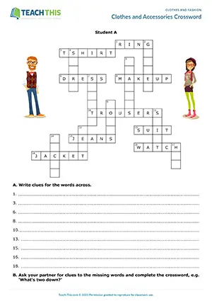 ESL clothes crossword activity preview, pre-intermediate A2, writing and giving clues, guessing, group and pair work