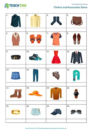 ESL clothes vocabulary game preview, elementary A1-A2, matching, pair work
