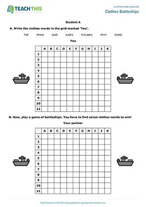 ESL clothes vocabulary game preview, beginner A1, battleships, pair work