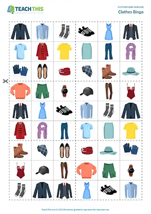 ESL clothes vocabulary bingo preview, elementary A1-A2, matching, group work