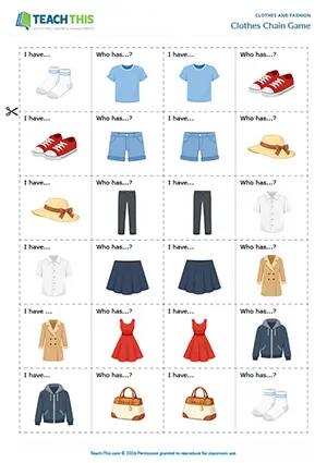 ESL clothes vocabulary game preview, beginner A1, matching, controlled practice, pair work