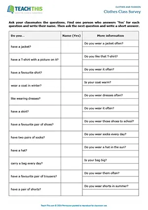 ESL clothes vocabulary activity preview, beginner A1, asking and answering questions from prompts, controlled practice