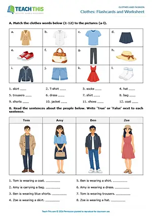 ESL clothes vocabulary worksheet preview, beginner A1, matching, true or false, controlled practice