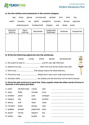 ESL clothes vocabulary worksheet preview, upper-intermediate B2, categorising, gap-fill, identifying