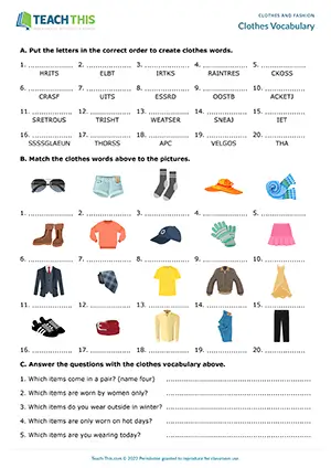 ESL clothes vocabulary worksheet preview, pre-intermediate A2, unscrambling, matching, answering questions, crossword, describing, pair work