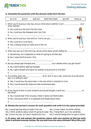 ESL clothes conversation questions activity preview, intermediate B1, gap-fill, matching, asking and answering questions, pair work